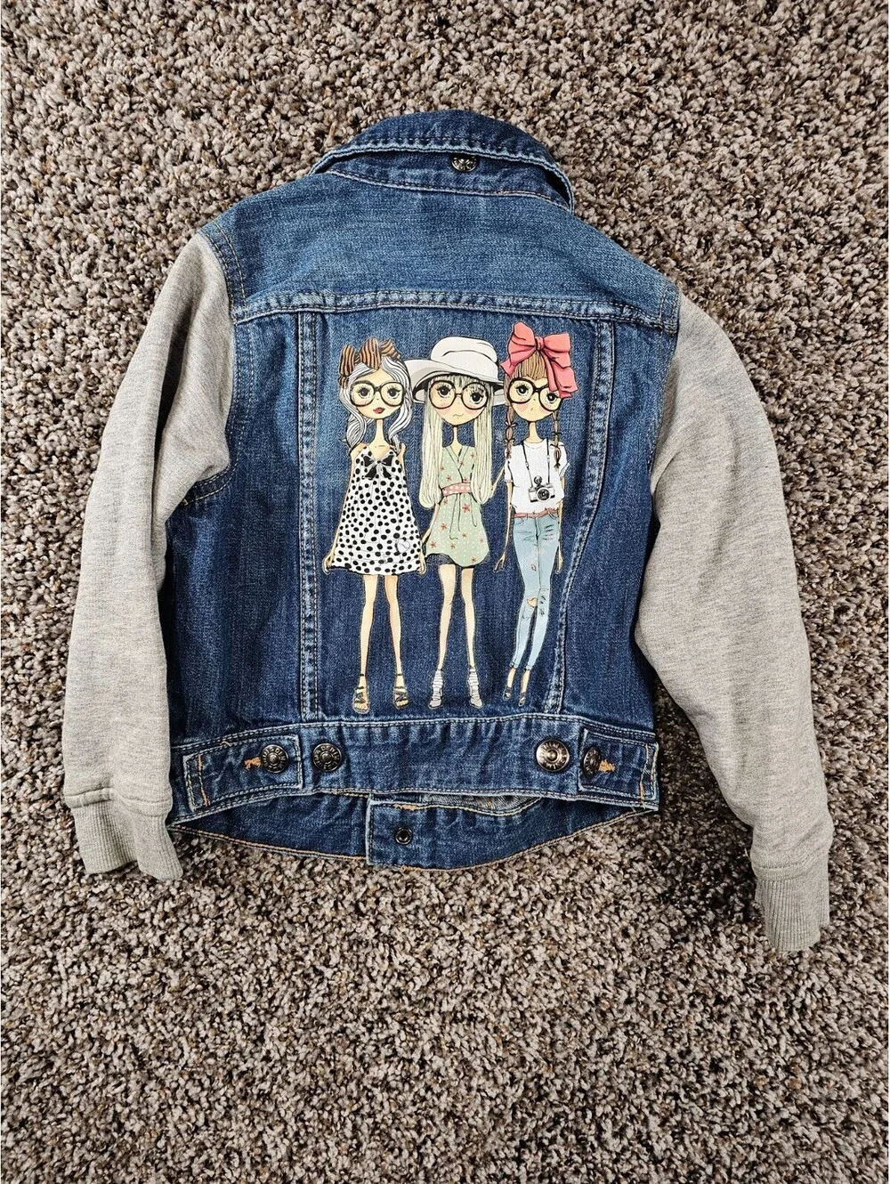 Justice Girls Sz 4 Button Up Blue Denim Jacket Sweatshirt Sleeves Embellished
